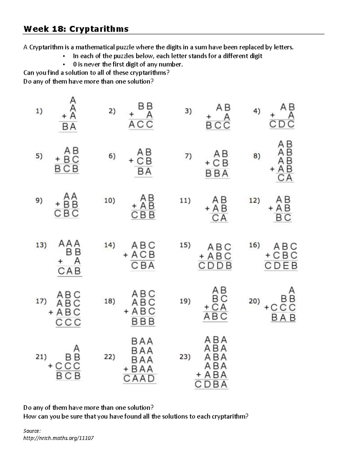Math Enrichment Week 18: Solving Cryptarithms Puzzles - Studocu