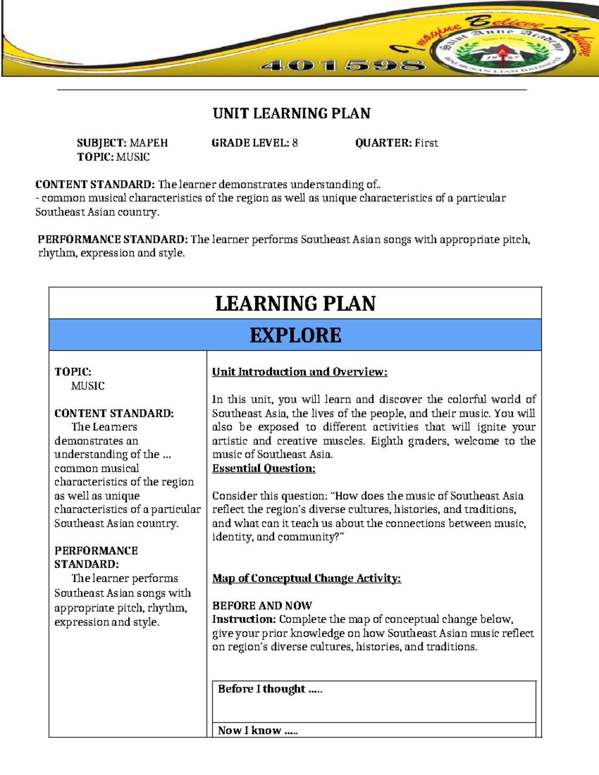 Learning Plan: Exploring Southeast Asian Music - MAPEH 8 First Quarter ...