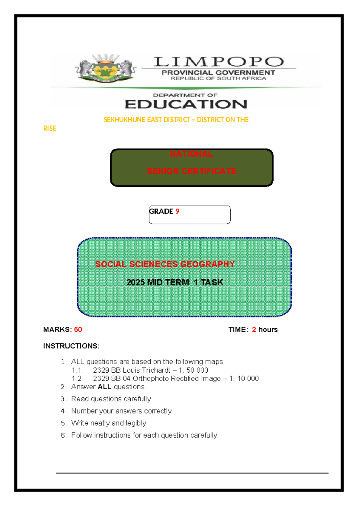 Grade 9 Geography Midterm Test - Sekhukhune East District 2025 - Studocu
