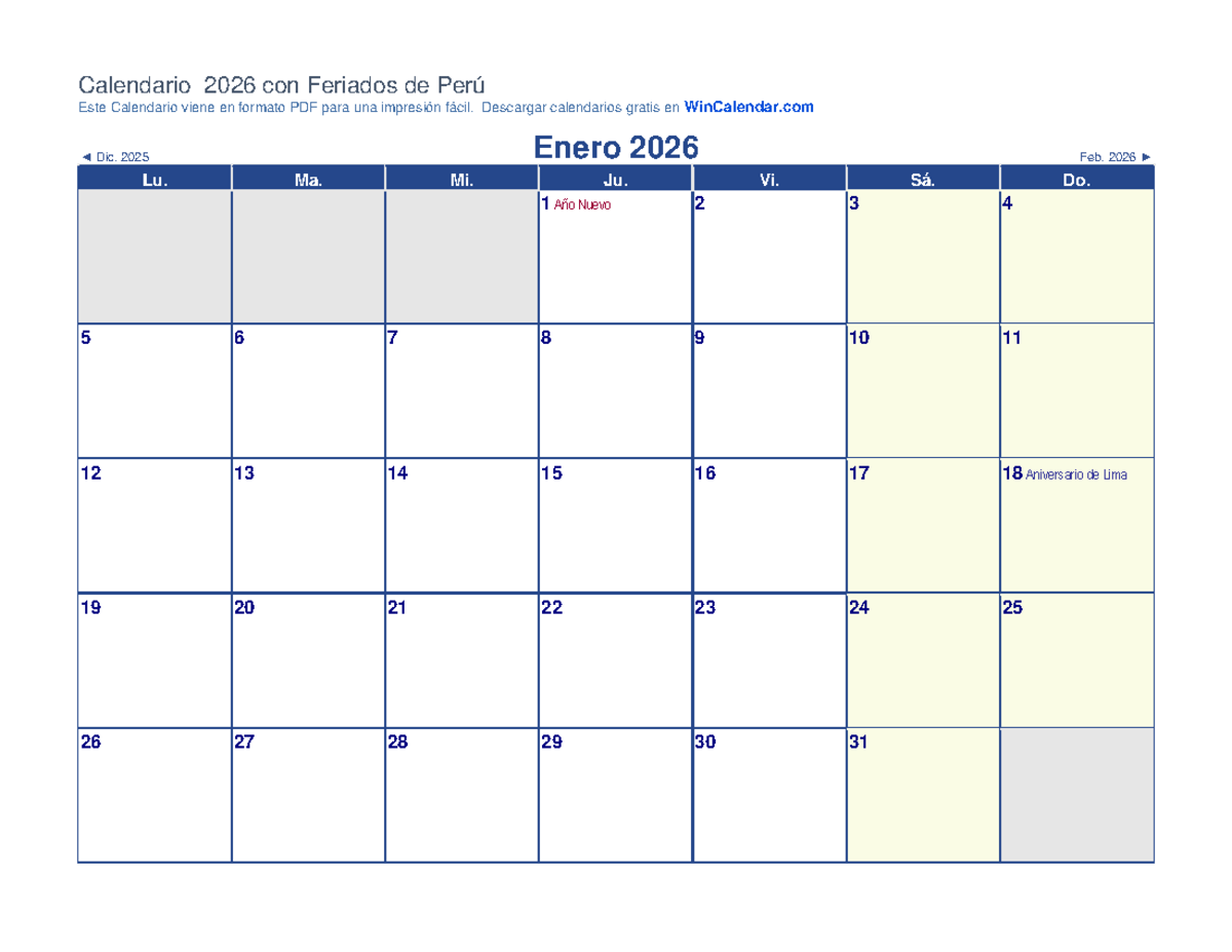 Calendario 2026: Feriados y Festividades en Perú - Document Preview