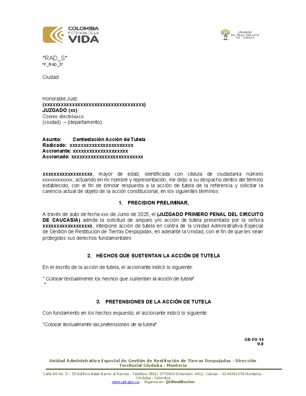 Modelo de Contestación a Acción de Tutela - JUZGADO (xx) - Studocu