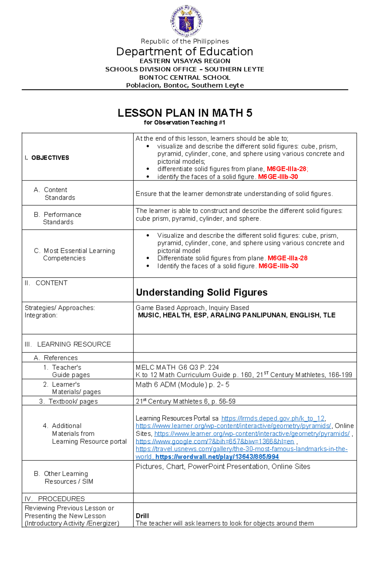MATH 5 Lesson Plan: Understanding Solid Figures for Observation ...