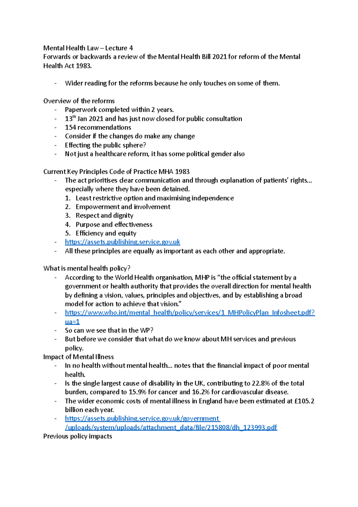 Mental Health Law Lecture 4: Review of the 2021 Reform Bill - Studocu