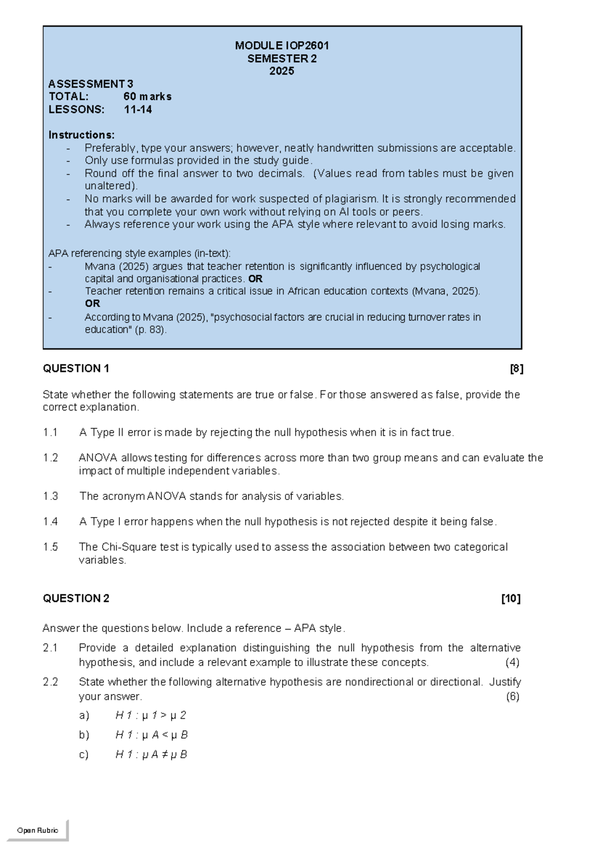 QP IOP2601 Assessment 3: Lessons and Hypothesis Testing Guide - Studocu