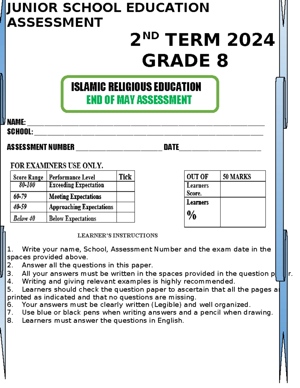 FORM 3 I.R.E Term 2 Opener Exam 2025: Key Questions & Guidelines - Studocu