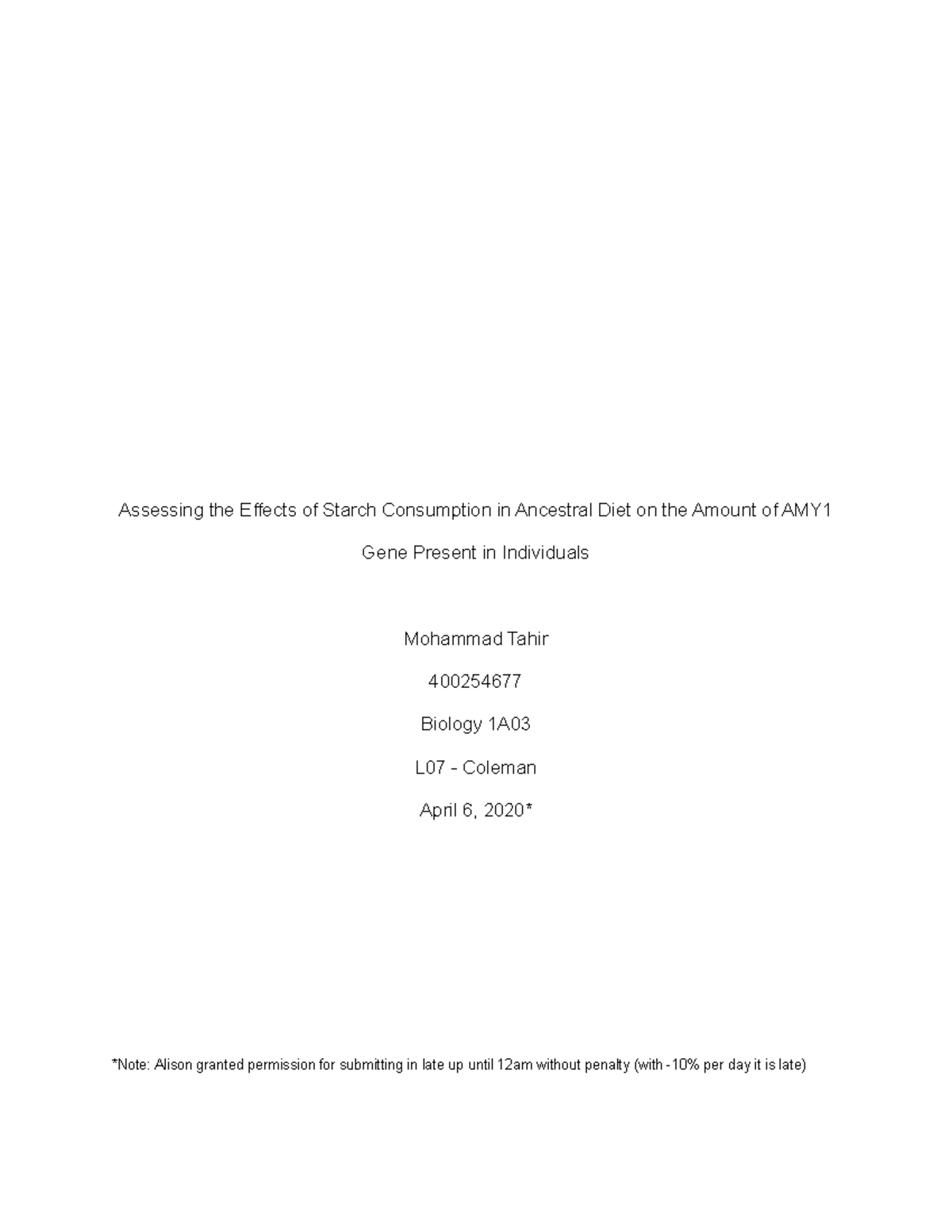 Bio 1A03 Formal Lab Report: Correlation Between Starch Intake and AMY1 ...