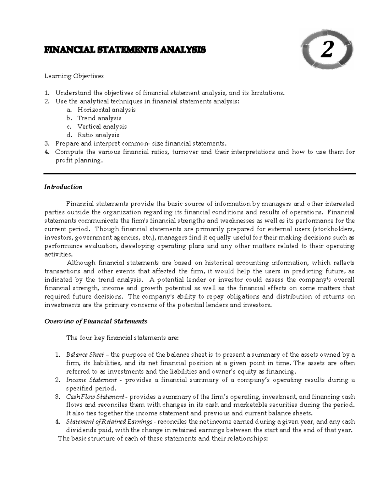 02-Financial Statements Analysis: Techniques and Objectives - Studocu