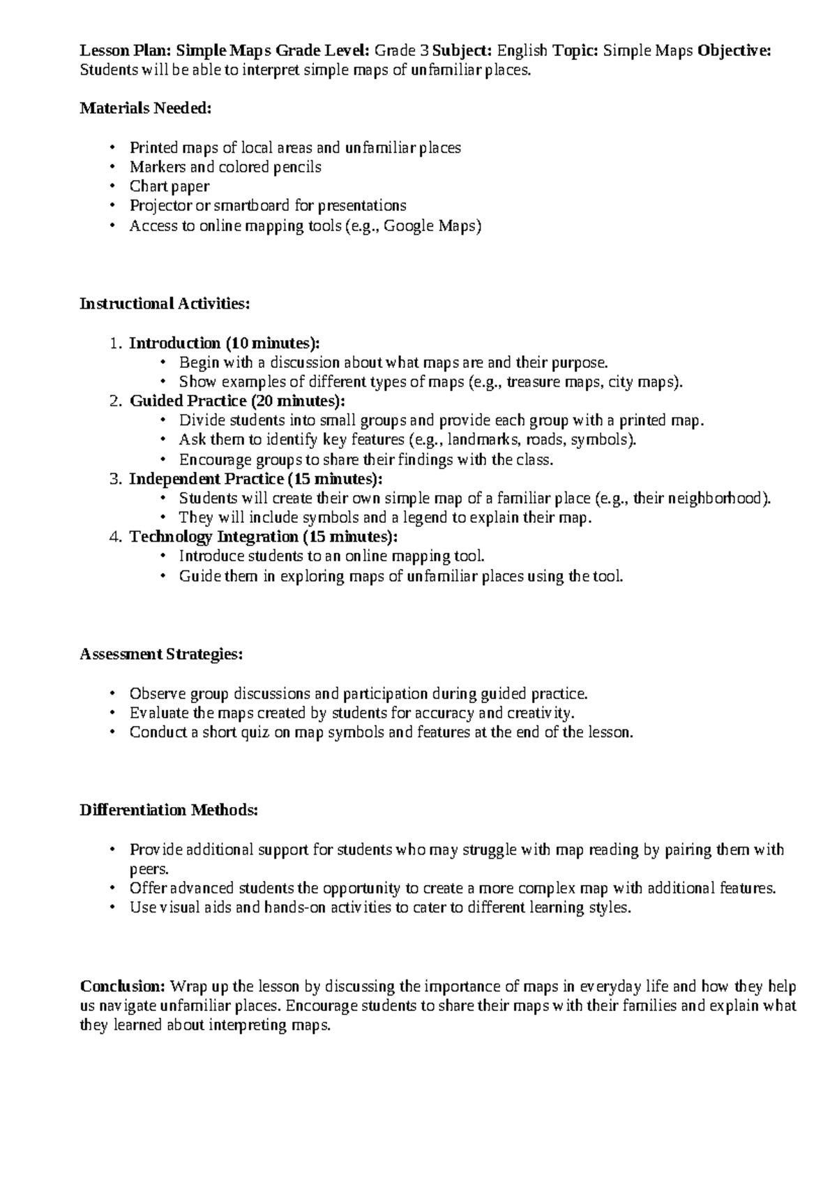 Lesson Plan Generator - Lesson Plan: Simple Maps Grade Level: Grade 3 ...
