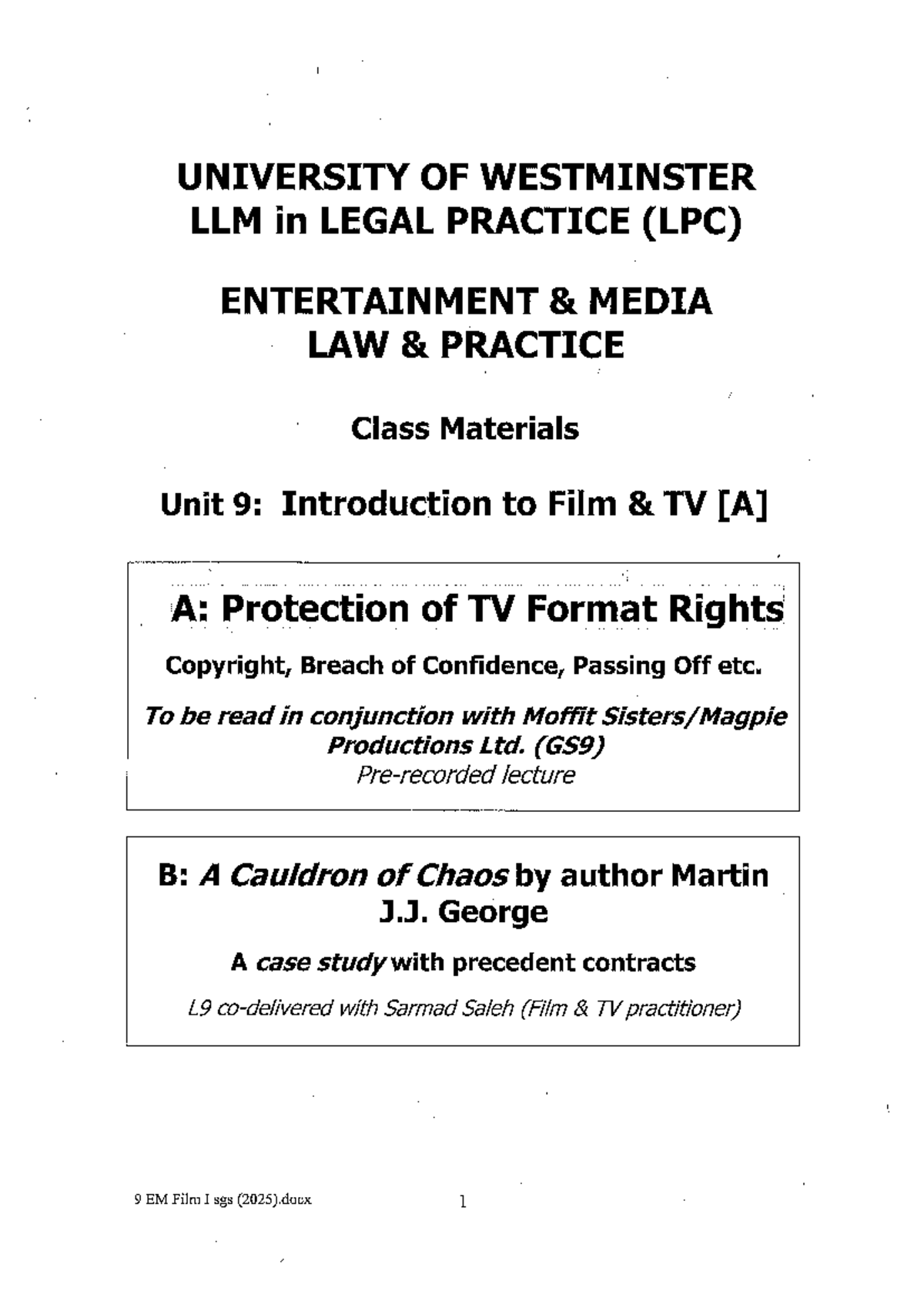 LLM LPC Entertainment Media Law Unit 9: Film & TV Format Rights ...