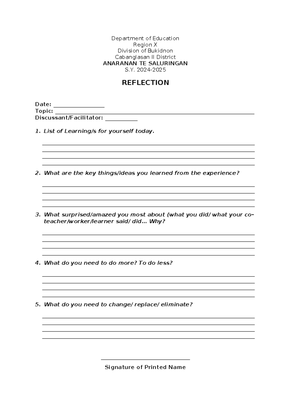 Reflection - Bdbdjd - Department of Education Region X Division of ...