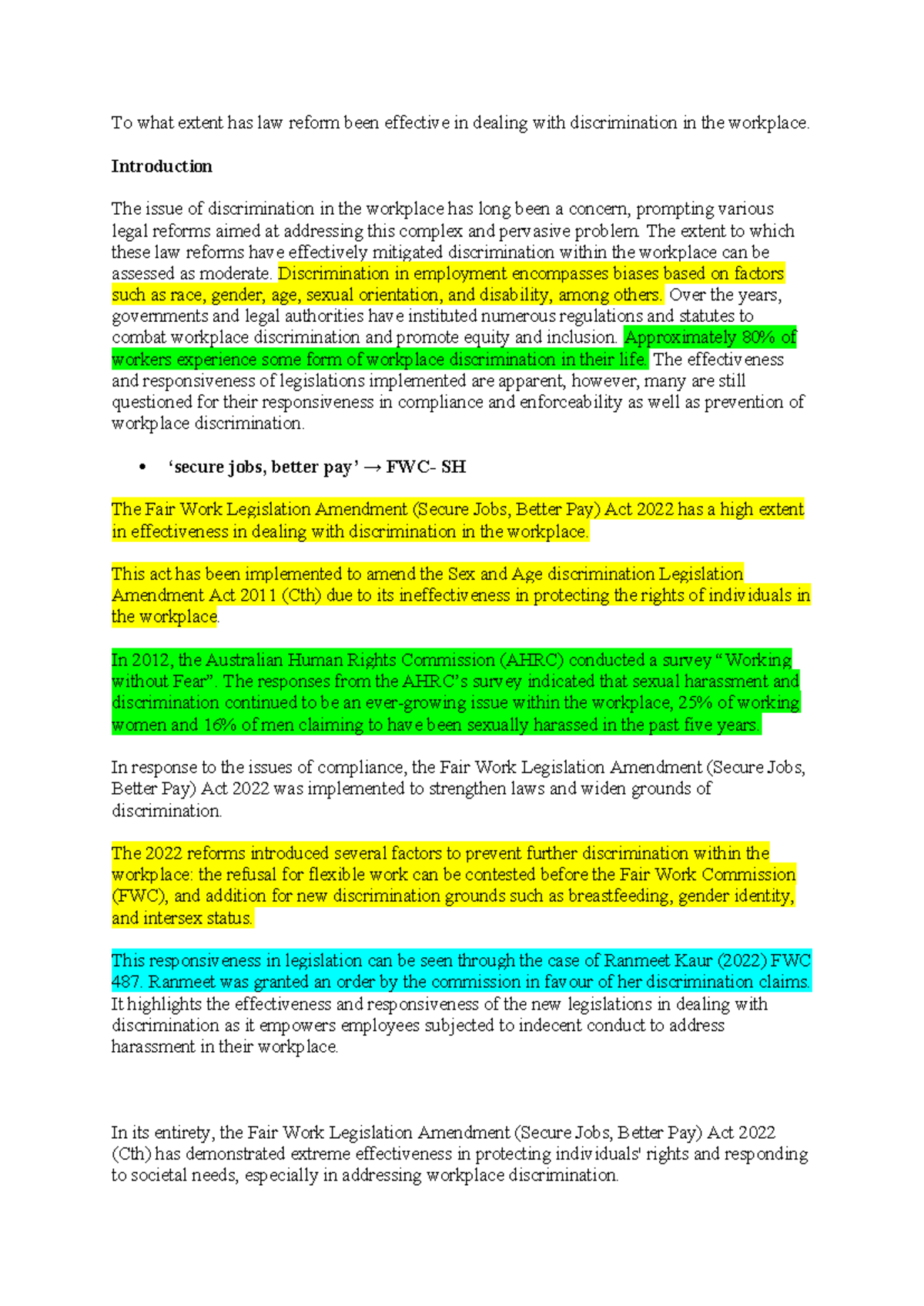Law Reform Effectiveness: Discrimination in the Workplace Essay - Studocu