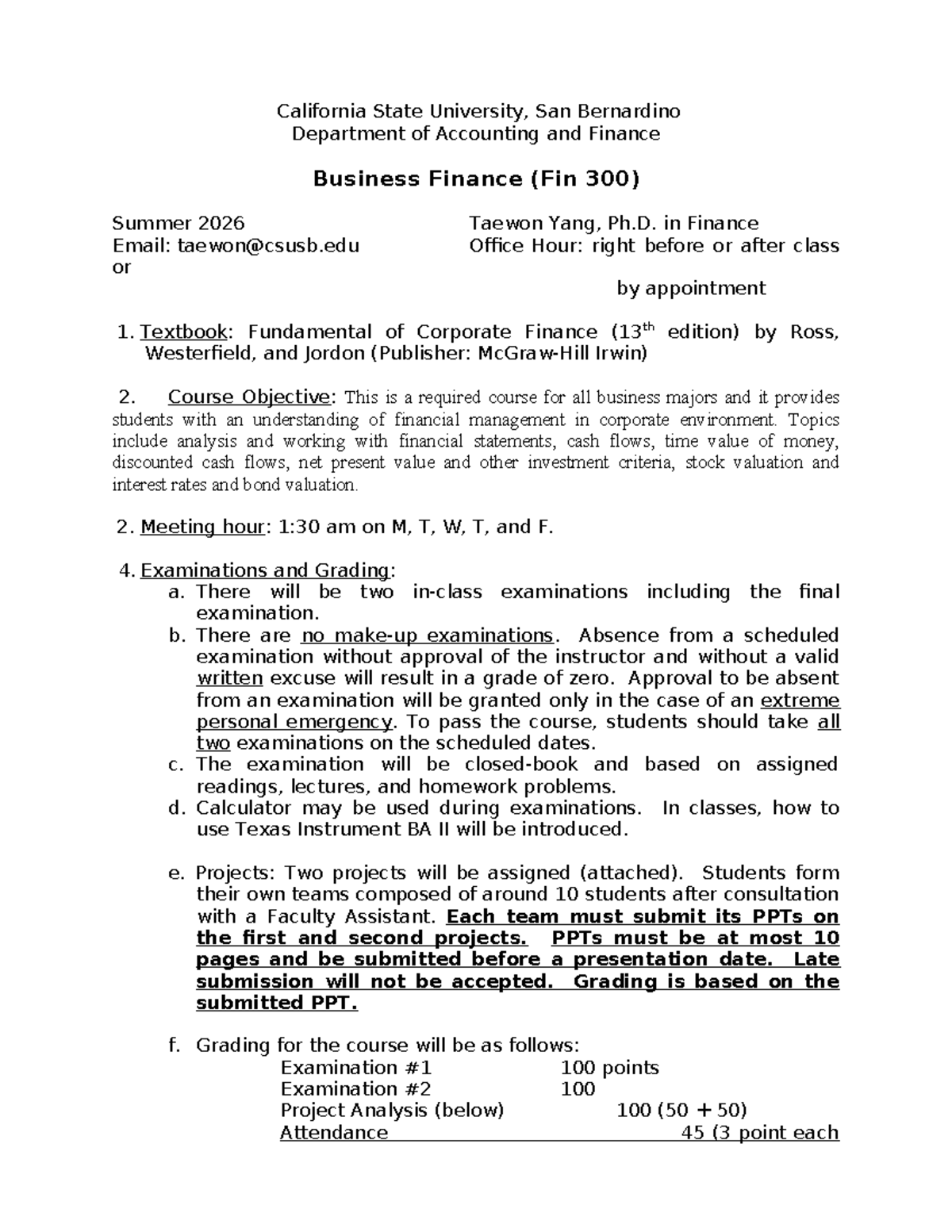 Fin 300 Syllabus: Business Finance Summer 2026 Overview - Studocu