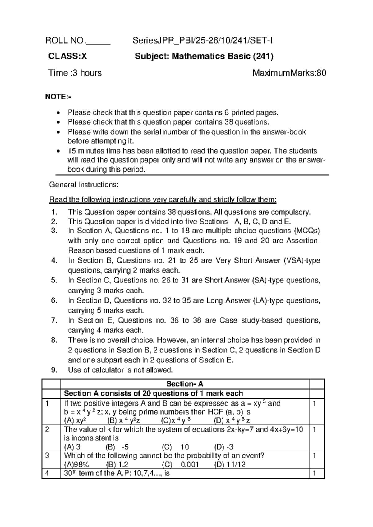 Mathematics Basic (241) Class X - Question Paper for Final Exam - Studocu