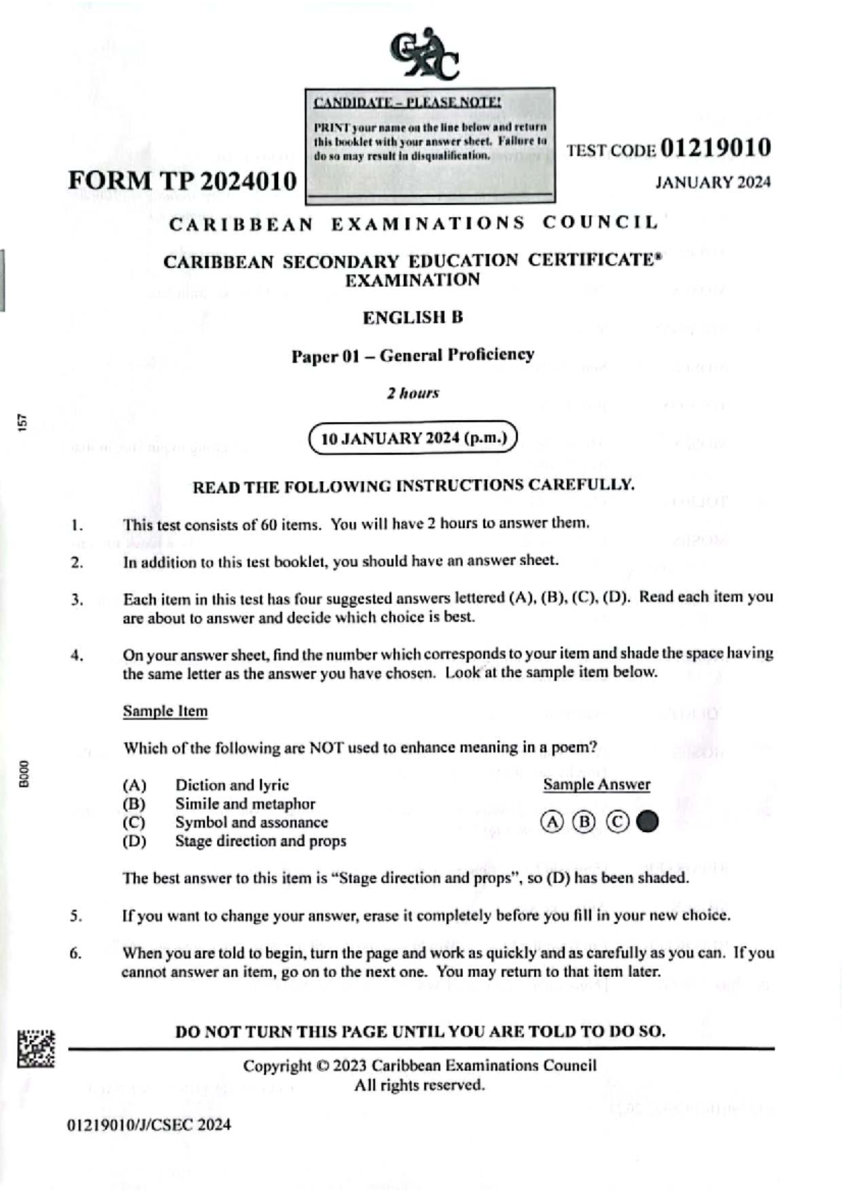 CSEC English B Paper 01 General Proficiency Exam Instructions - January ...