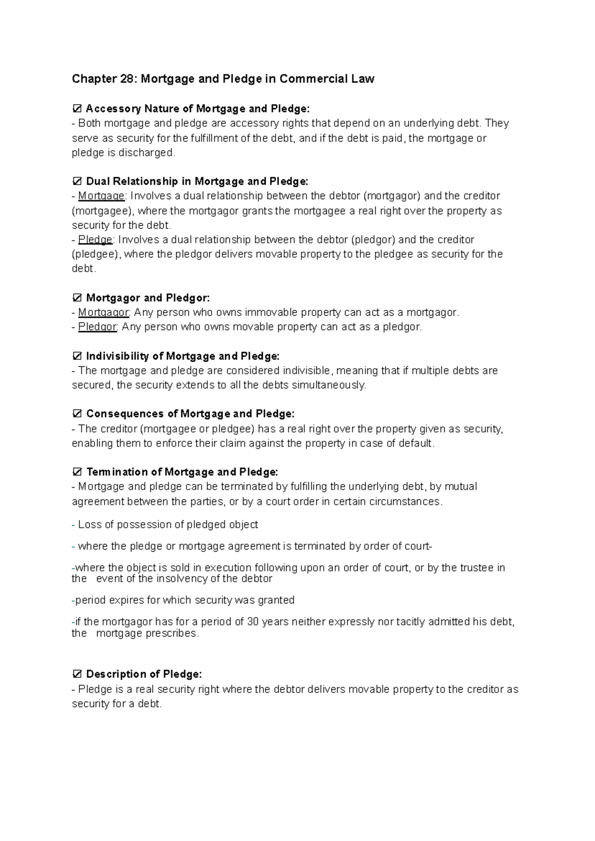 Chapter 28: Understanding Mortgage & Pledge in Commercial Law - Studocu
