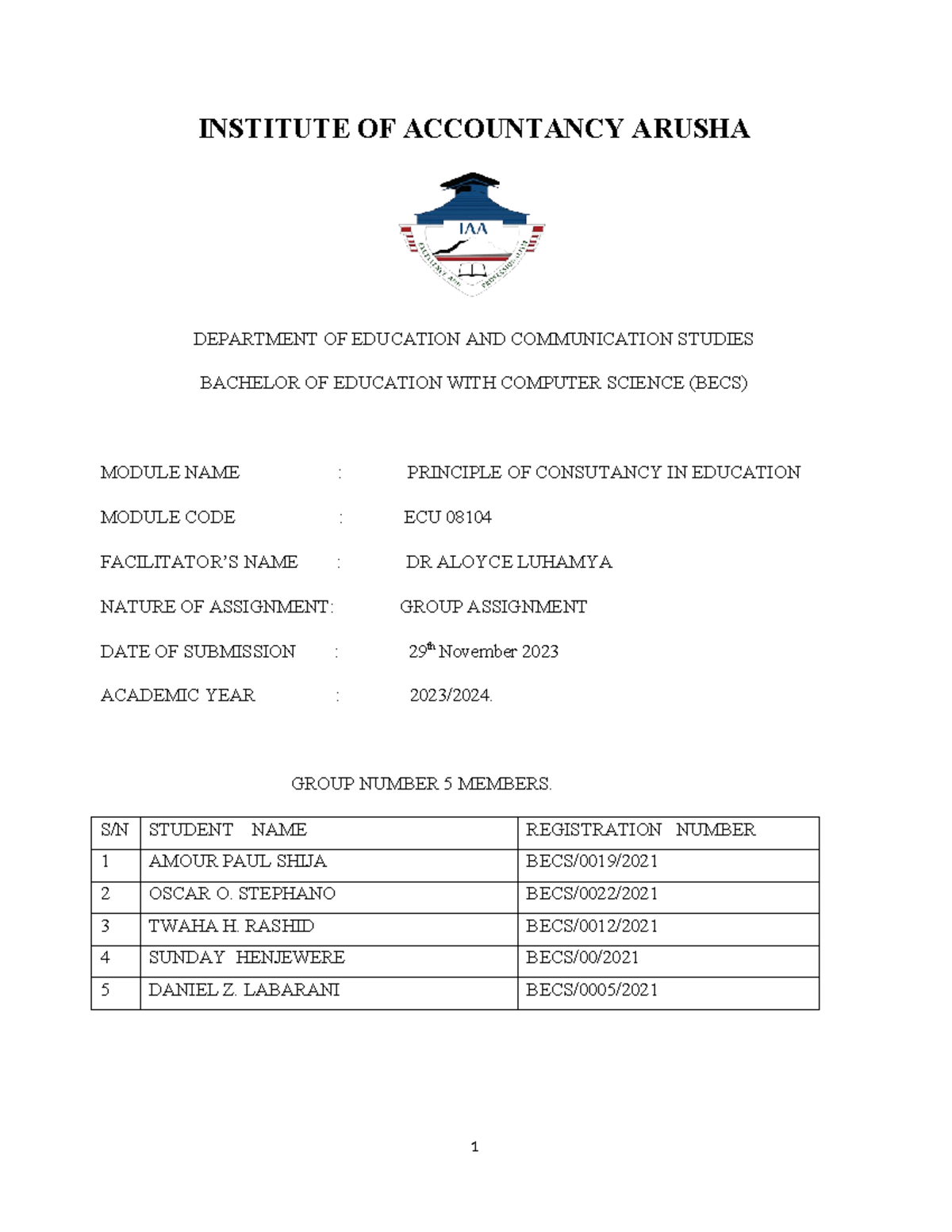 Consultancy Group Assignment: ECU 08104 - Principles of Education - Studocu