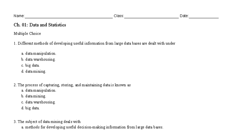 Ch. 01: Data and Statistics MC Questions for Exam Preparation - Studocu