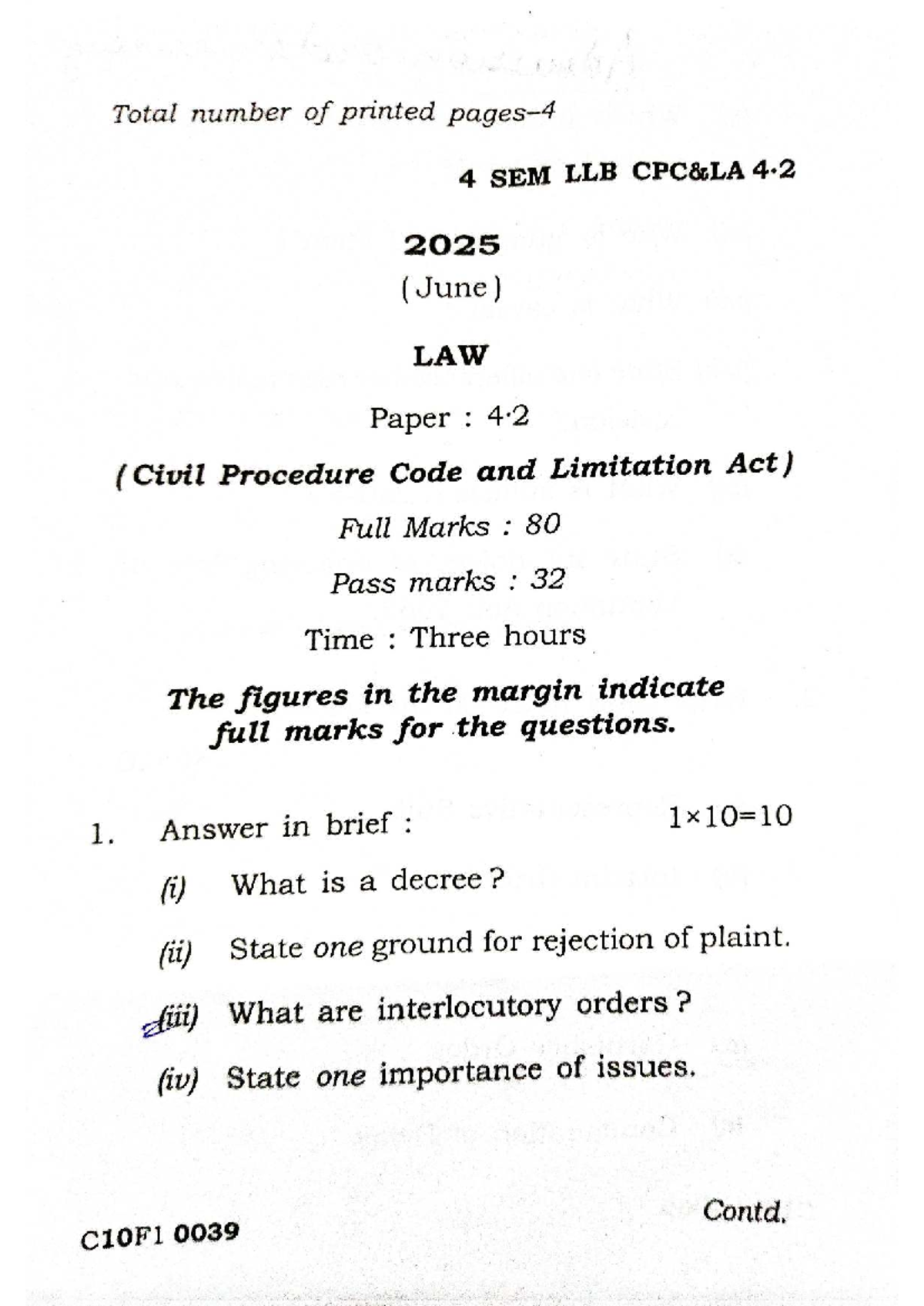CPC 4 SEM LLB 4.2 2025 - June Exam Questions Paper - Studocu
