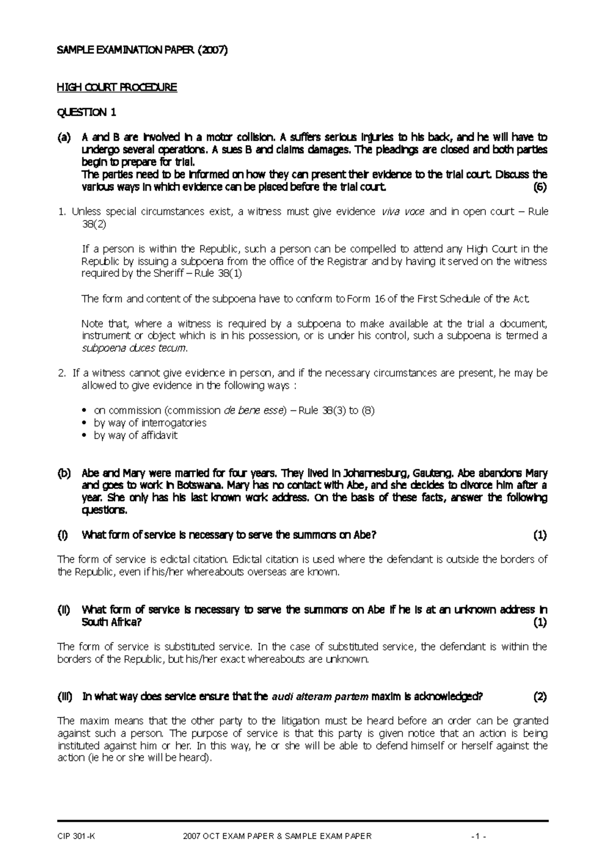 Civil Practice Questions SEM2 - SAMPLE EXAMINATION PAPER ( 2007 ) HIGH COURT PROCEDURE QUESTION ...