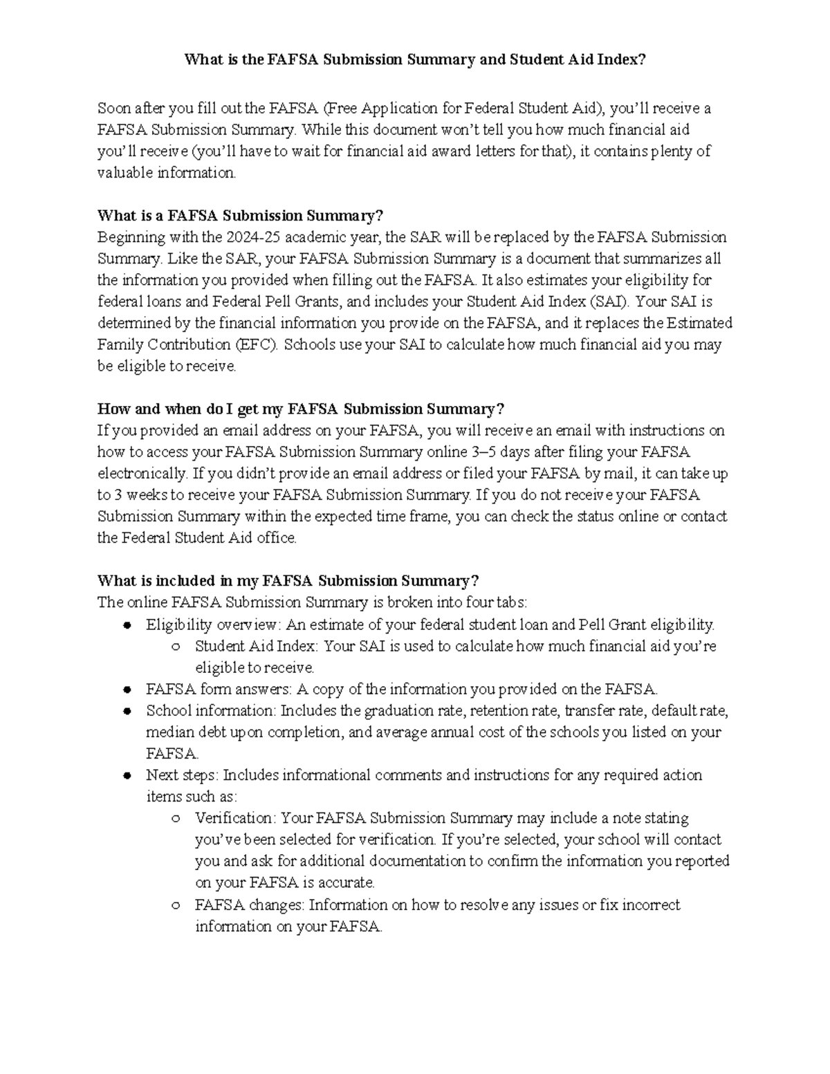 What is the Fafsa Submission Summary and Student Aid Index - What is ...