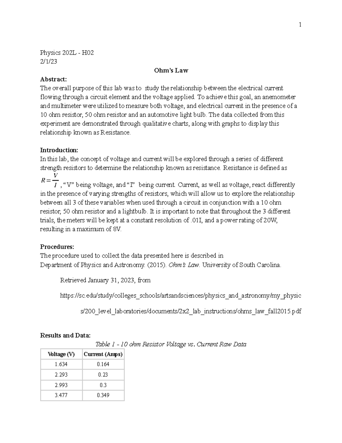 Physics 202L - Ohm's Law Lab Report: Resistance & Circuit Analysis ...