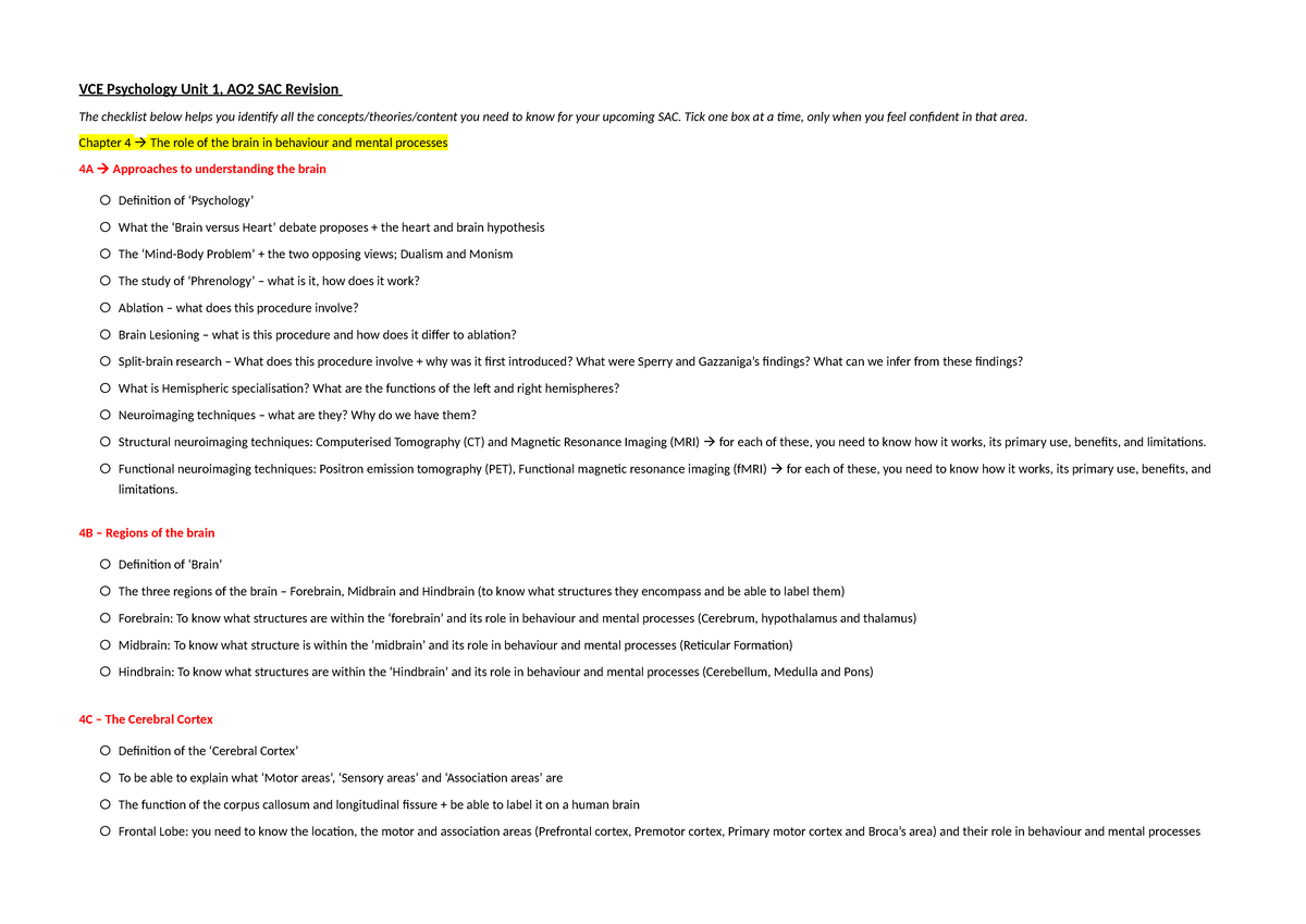 VCE Psychology Unit 1: AO2 SAC Chapter 4 Revision Checklist - Studocu
