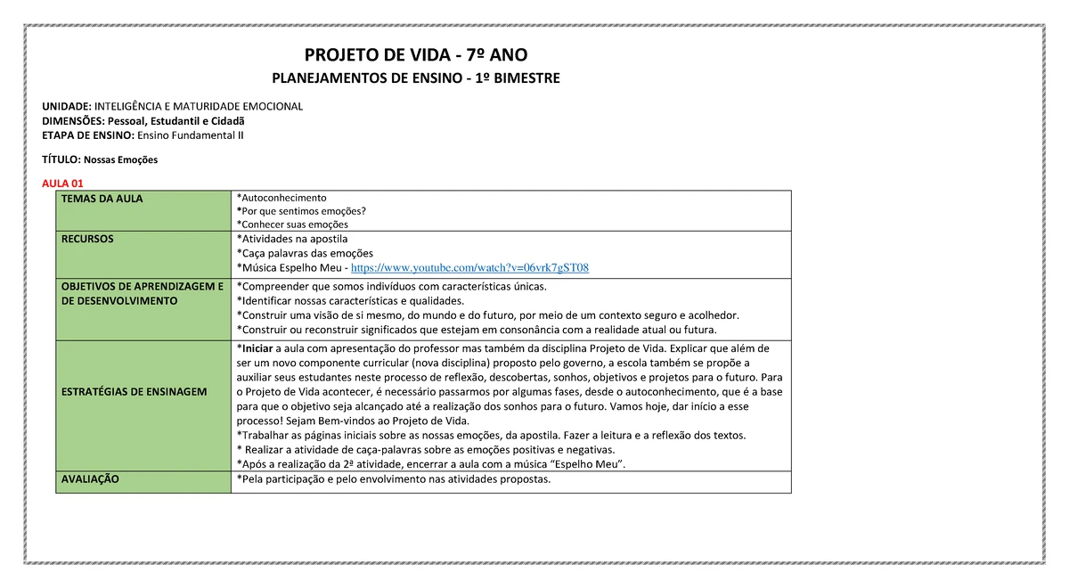 Planejamento do Projeto de Vida para o 8º Ano - 1º Bimestre - Studocu