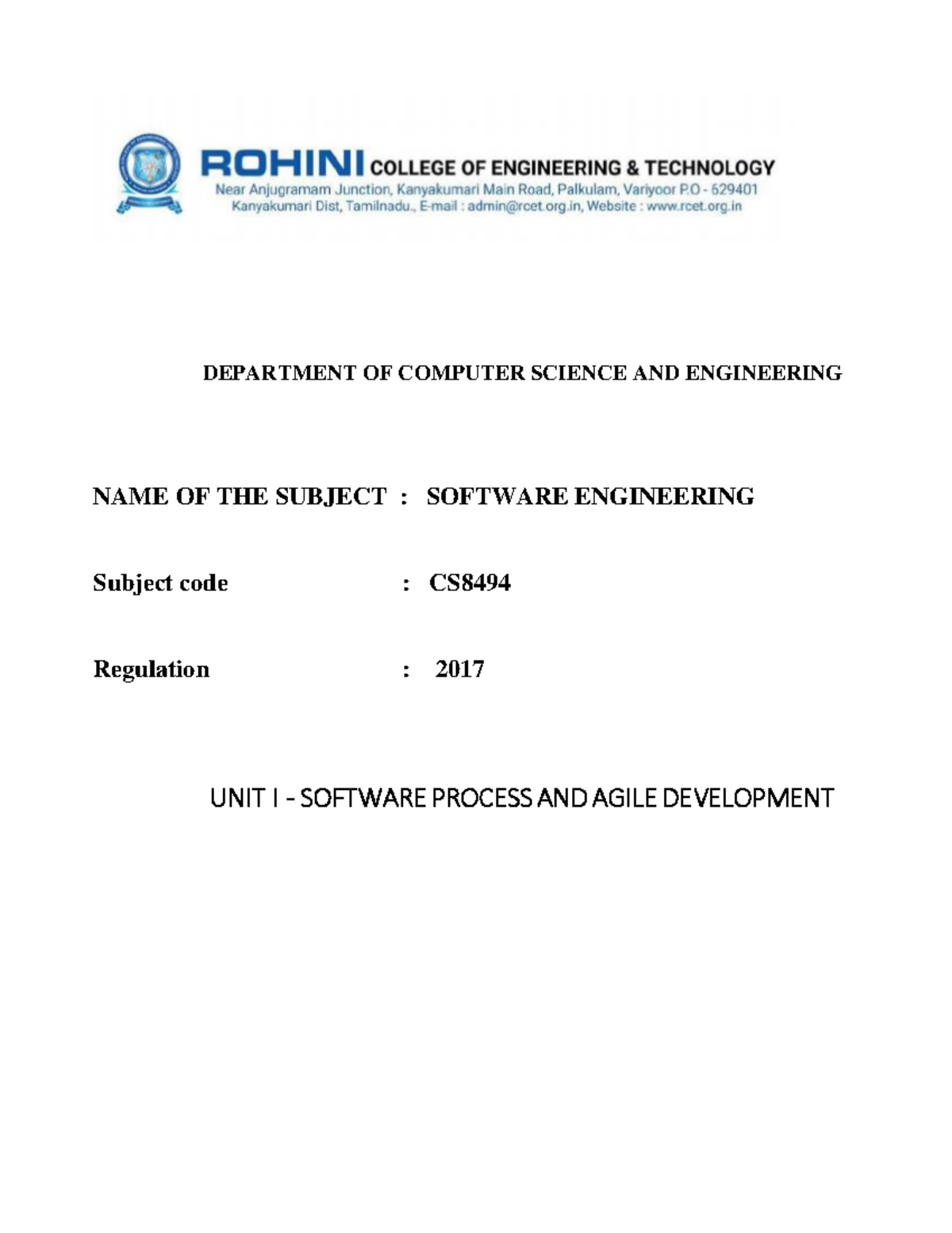 CS8494 Software Engineering: Unit 1 - Software Process & Agile ...