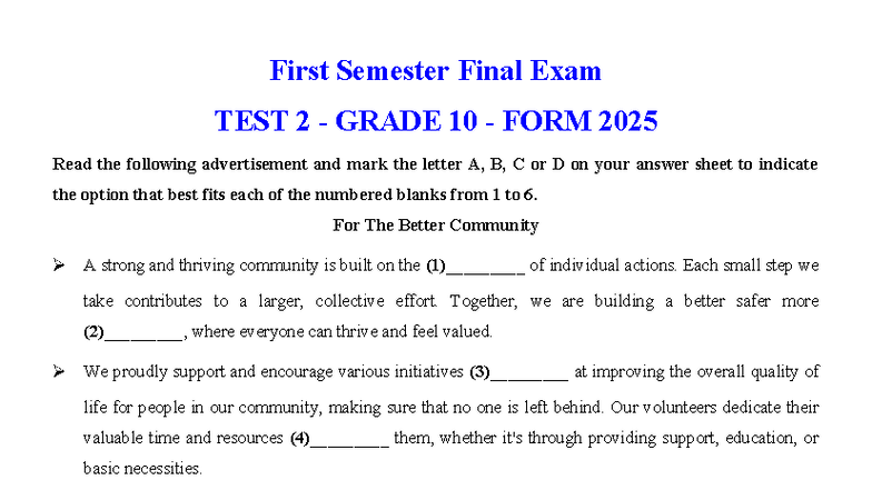 First Semester Final Exam TEST 2 - Grade 10 - FORM 2025: Community and ...