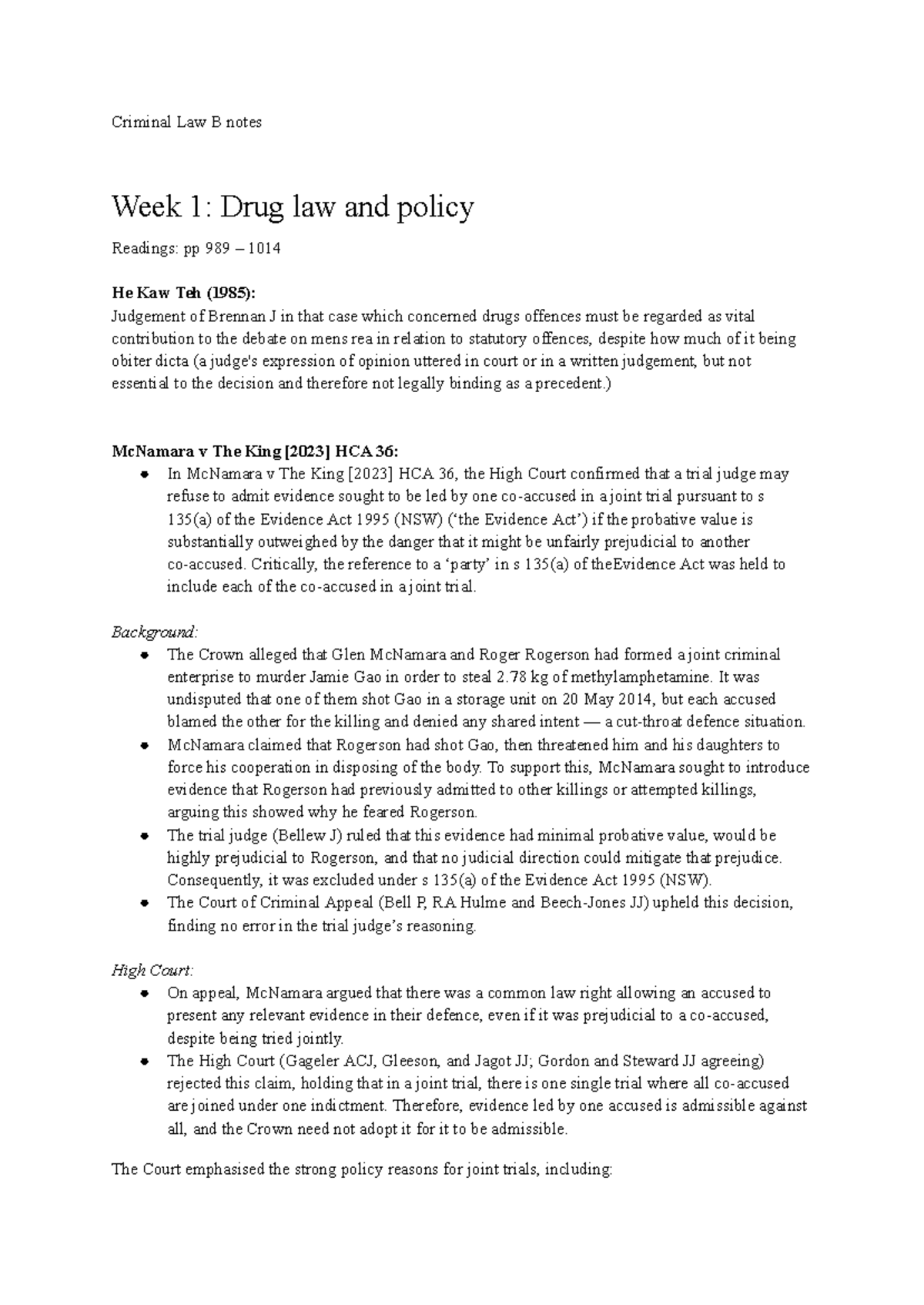 Criminal Law B Notes: Week 1-4 Case Summaries and Analysis - Studocu