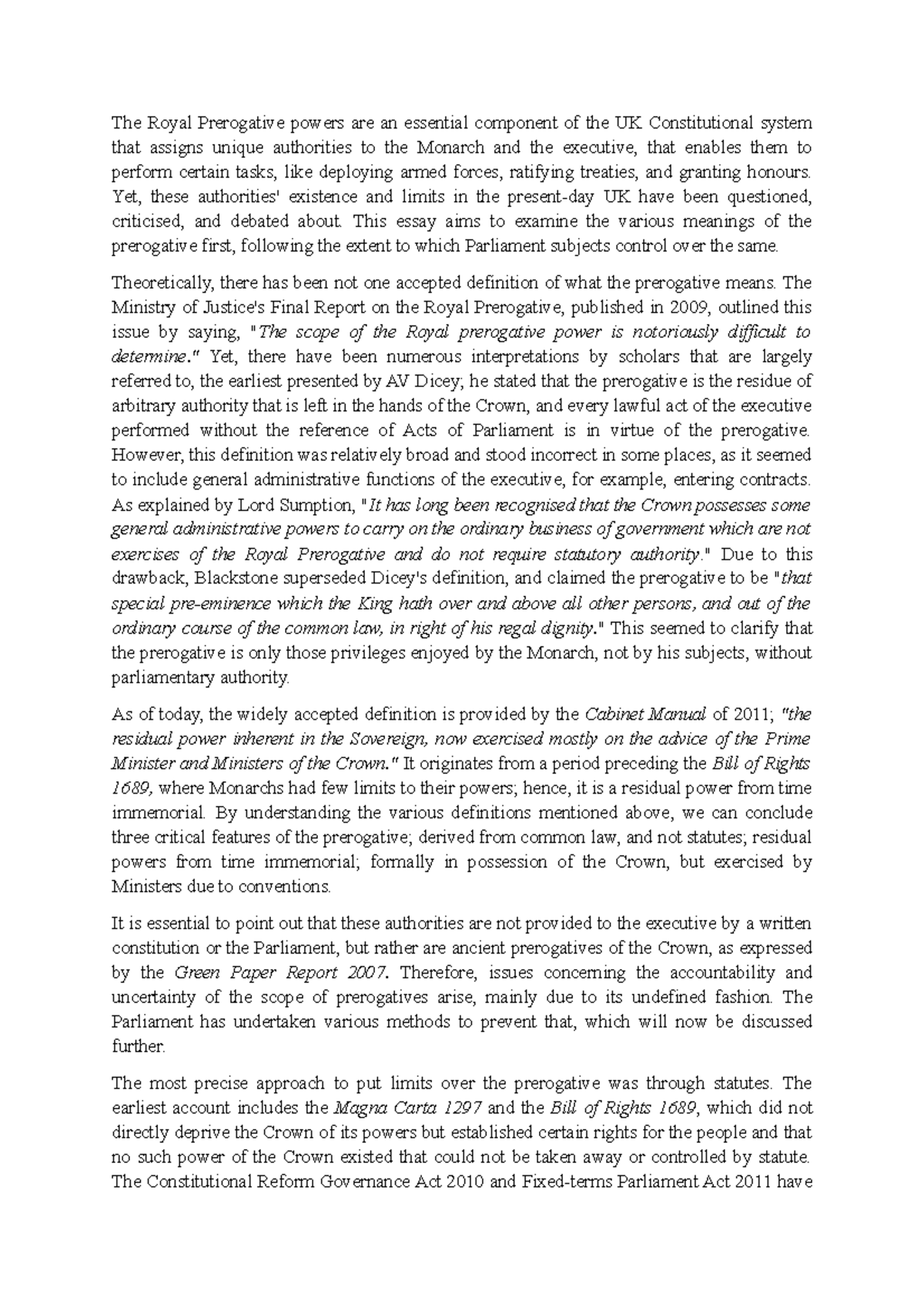 Understanding Prerogative Powers & Parliamentary Control: Legal ...