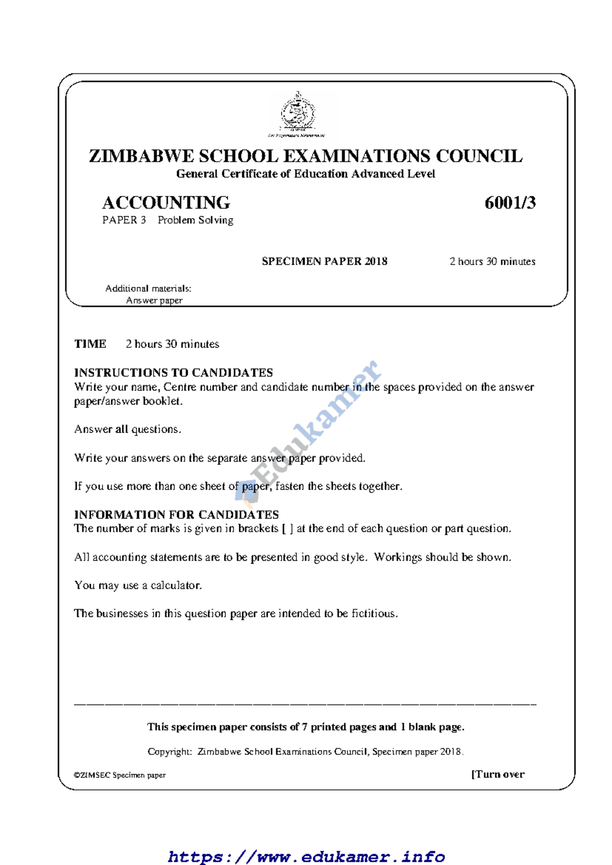 ZIMBABWE GCE A LEVEL ACCOUNTING PAPER 3 Specimen Paper 2018 - Studocu
