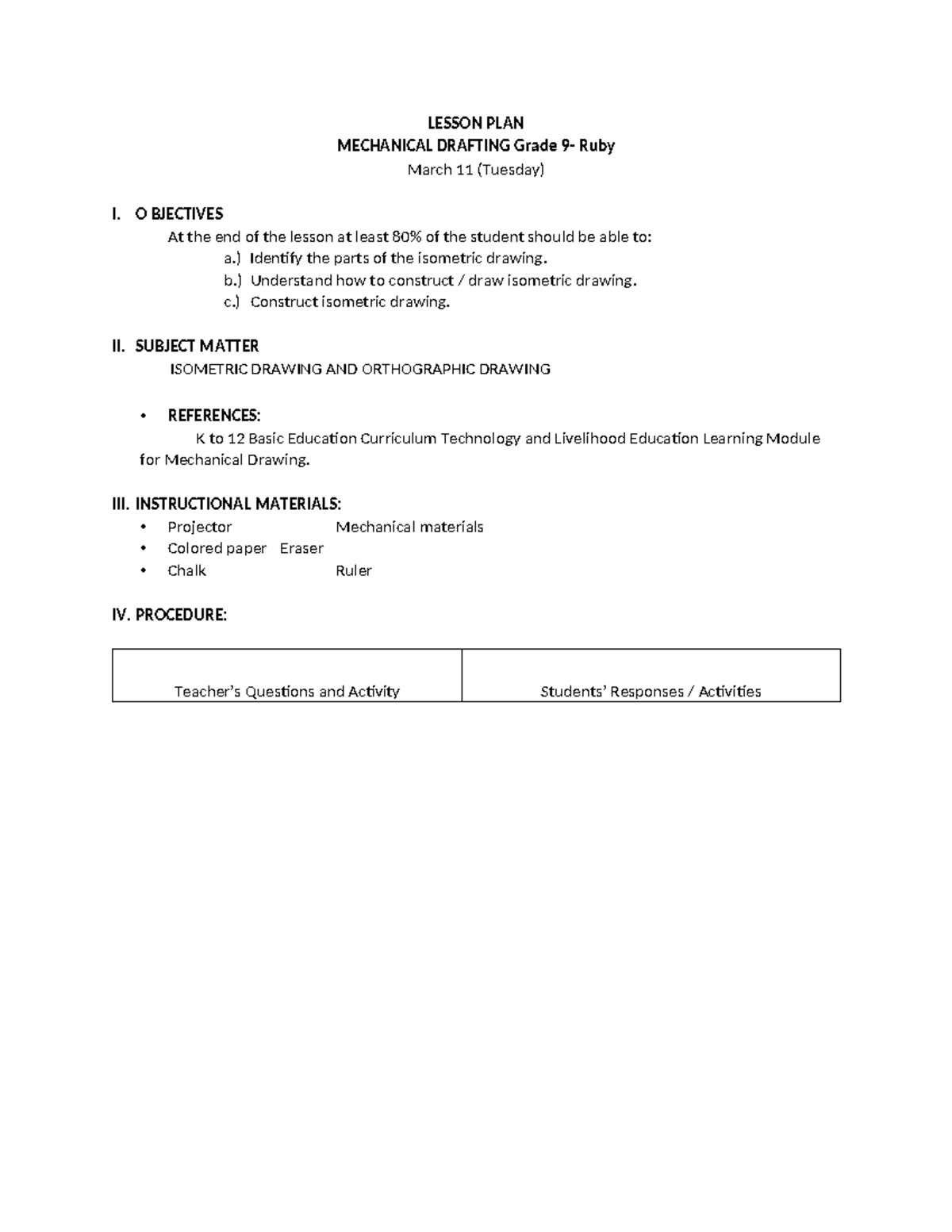 lesson plan in mechanical draftinh - LESSON PLAN MECHANICAL DRAFTING ...