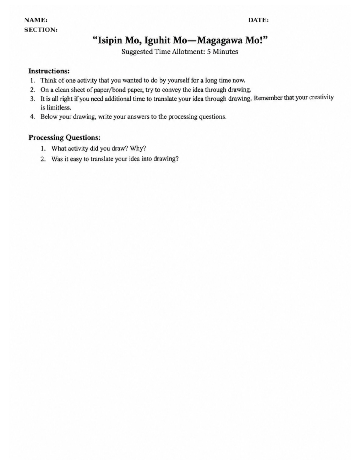 Creative Drawing Activity Instructions - Mo, Iguhit - Studocu
