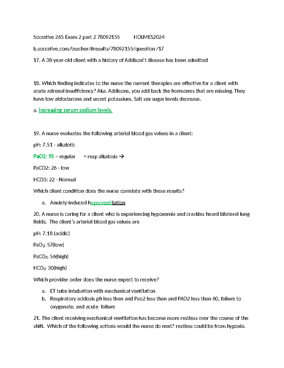Socrative 265 Exam 2 Part 2 Review for Nursing 2024 - Studocu