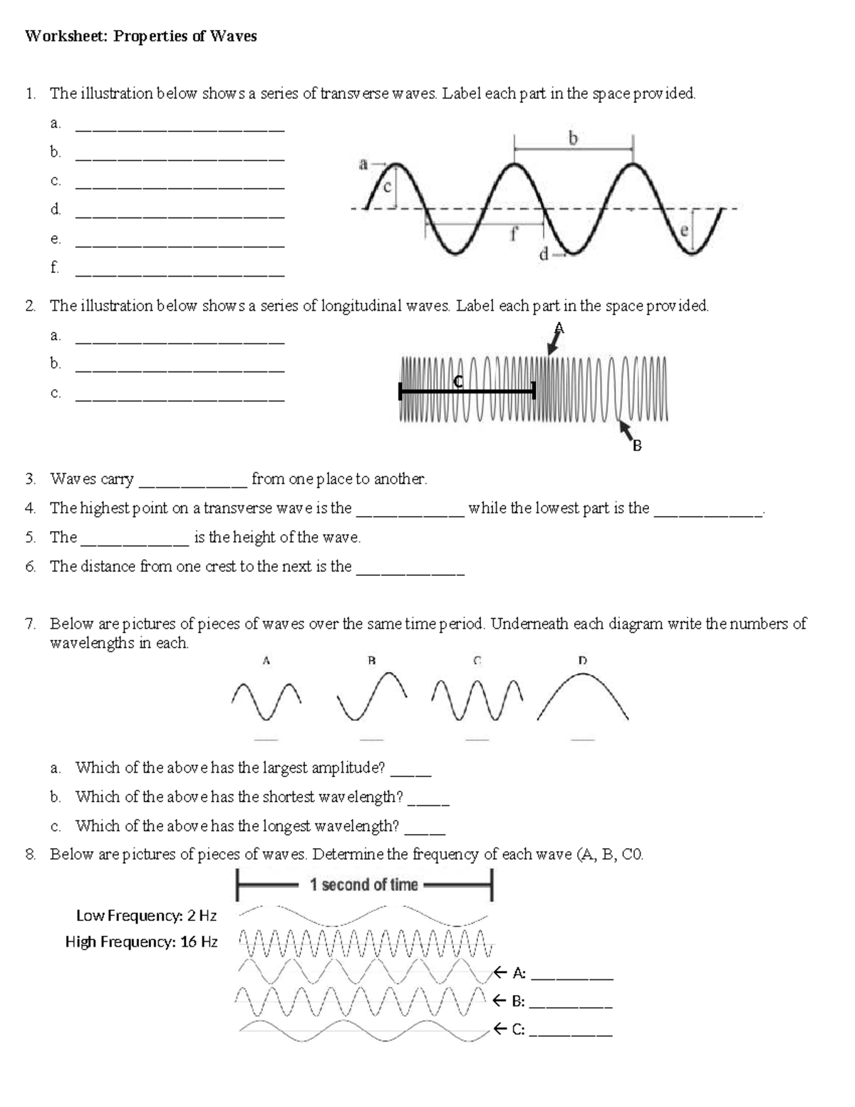 Worksheet: Properties of Waves - Transverse & Longitudinal Analysis ...
