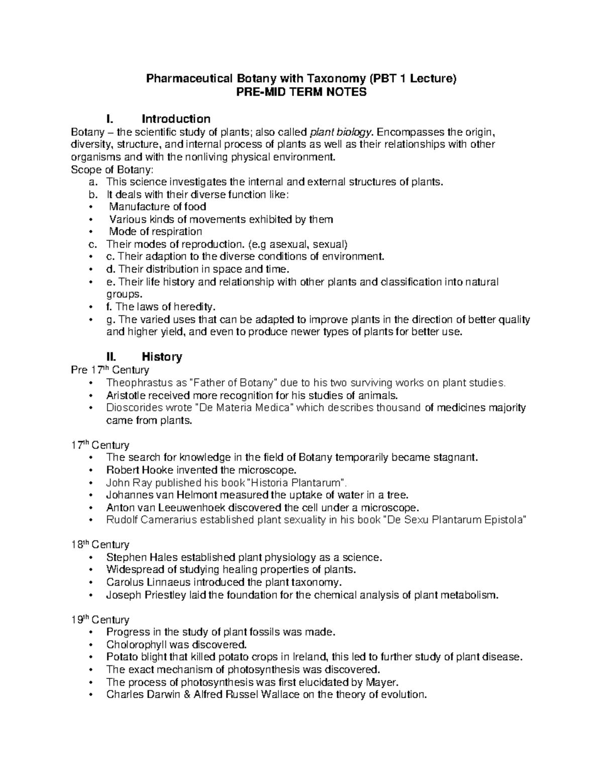 Pharmaceutical Botany & Taxonomy PBT 1 Midterm Notes - Studocu