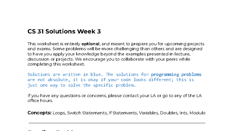 CS 31 Week 3 Solutions: Loops & Programming Challenges - Studocu