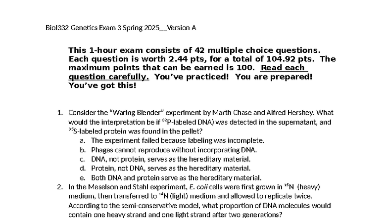 Biol332 Genetics Exam 3 Spring 2025 - Version A Review - Studocu