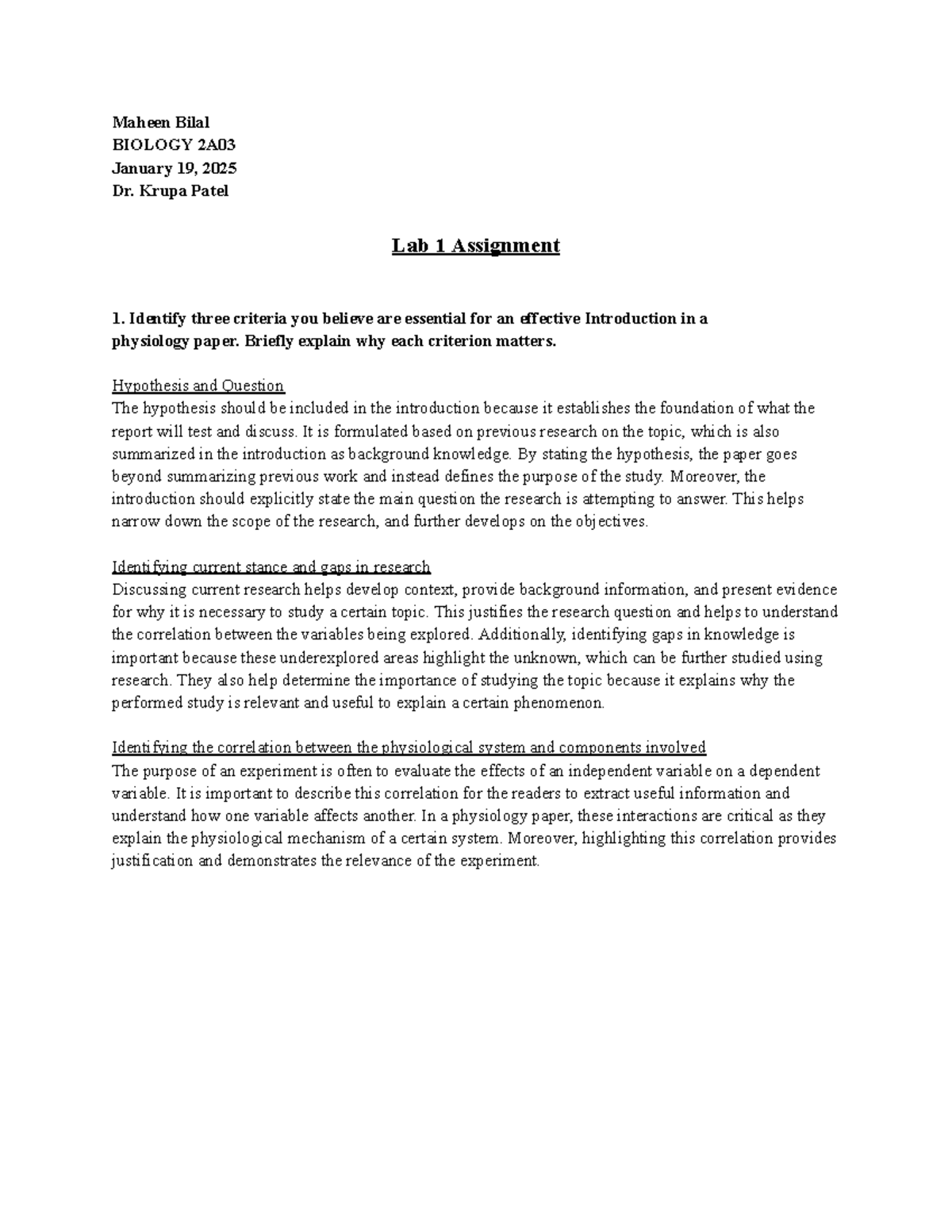 Biology 2A03 Lab 1: Essential Criteria for Effective Introductions ...