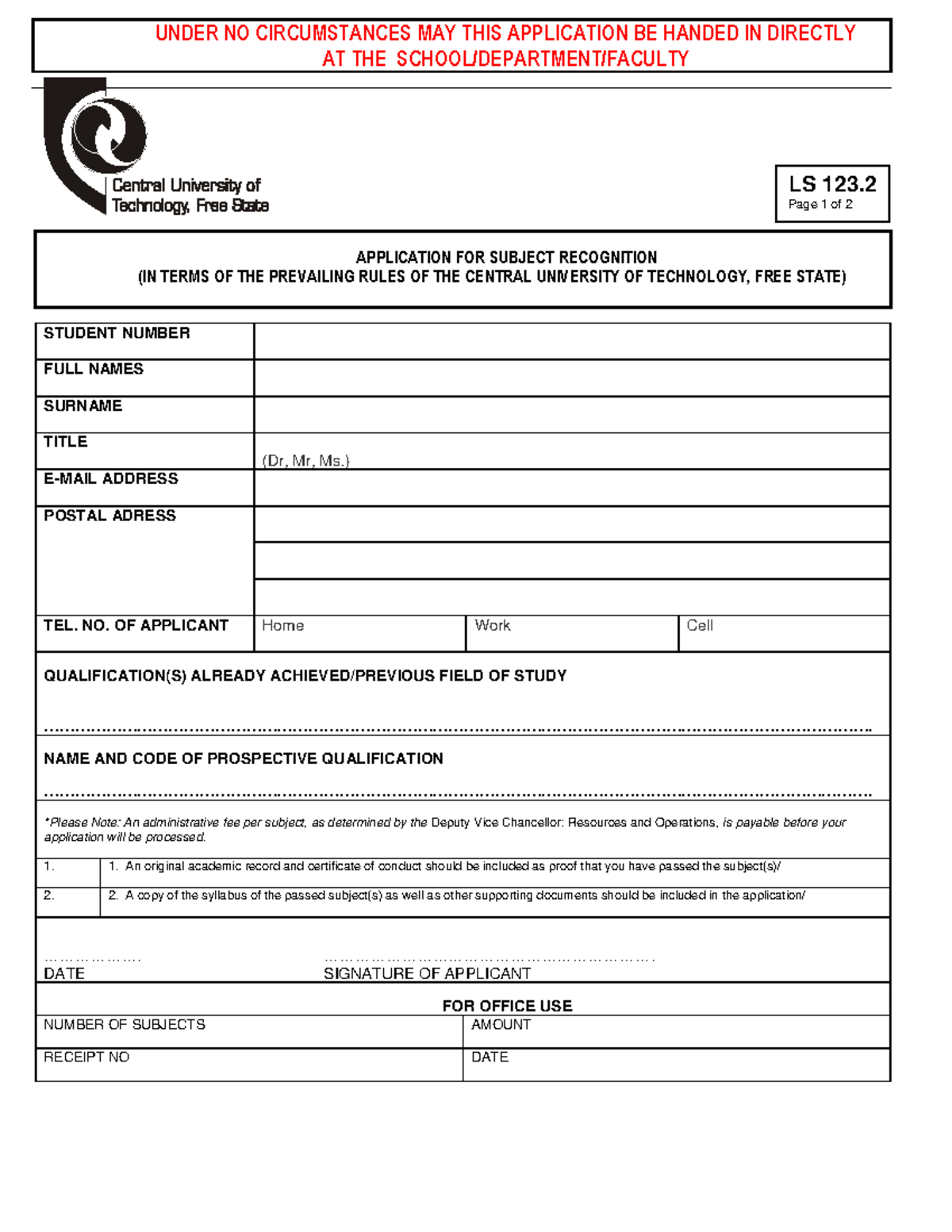 LS 123.2 Application for Subject Recognition at CUT - Studocu
