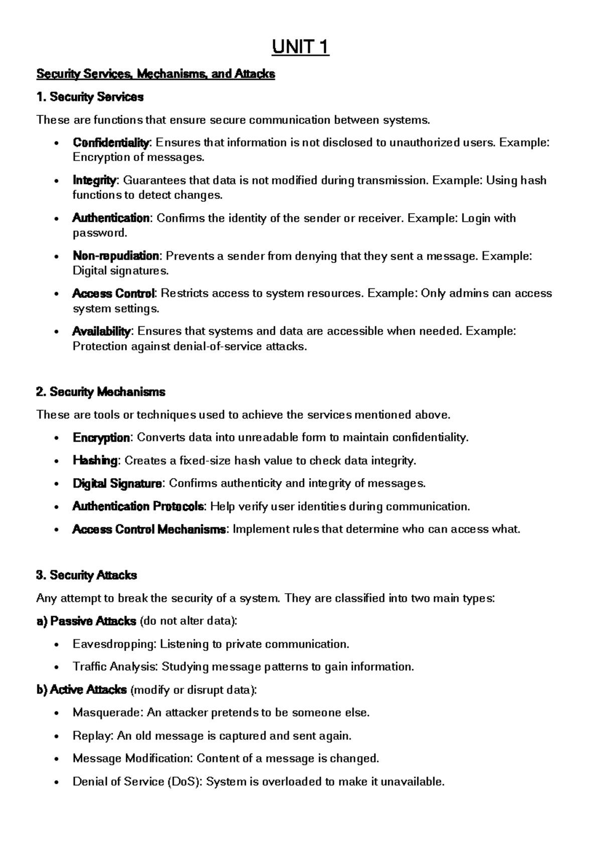 UNIT 1 Security Services, Mechanisms, and Attacks in Cryptography - Studocu