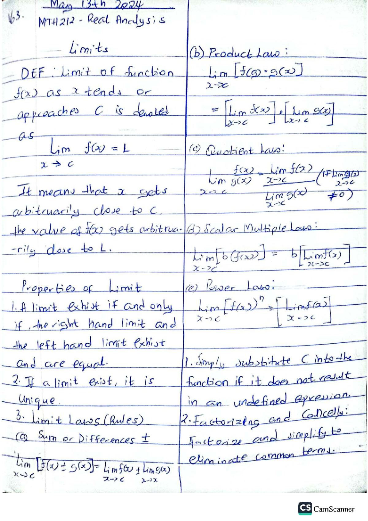 Lecture Notes: MTH212 Real Analysis - Limits and Laws (05-13-2024 ...