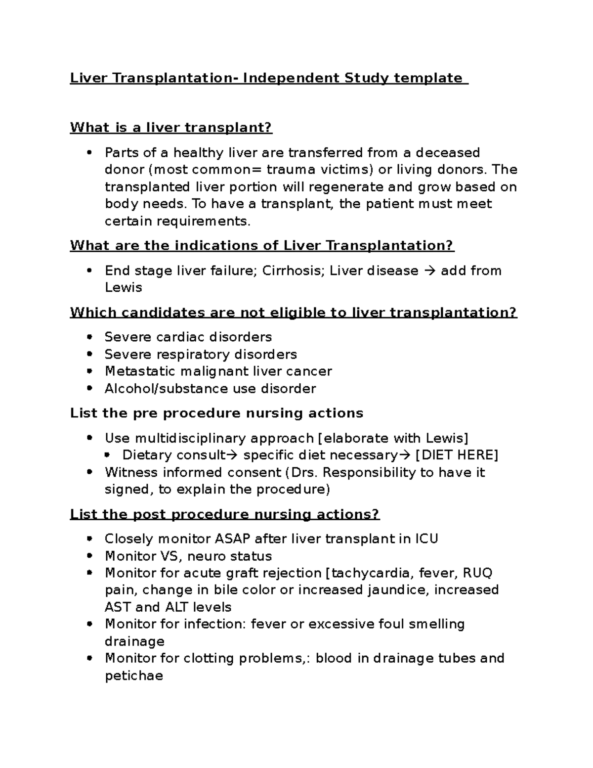 Liver Transplantation: Comprehensive Independent Study Template - Studocu