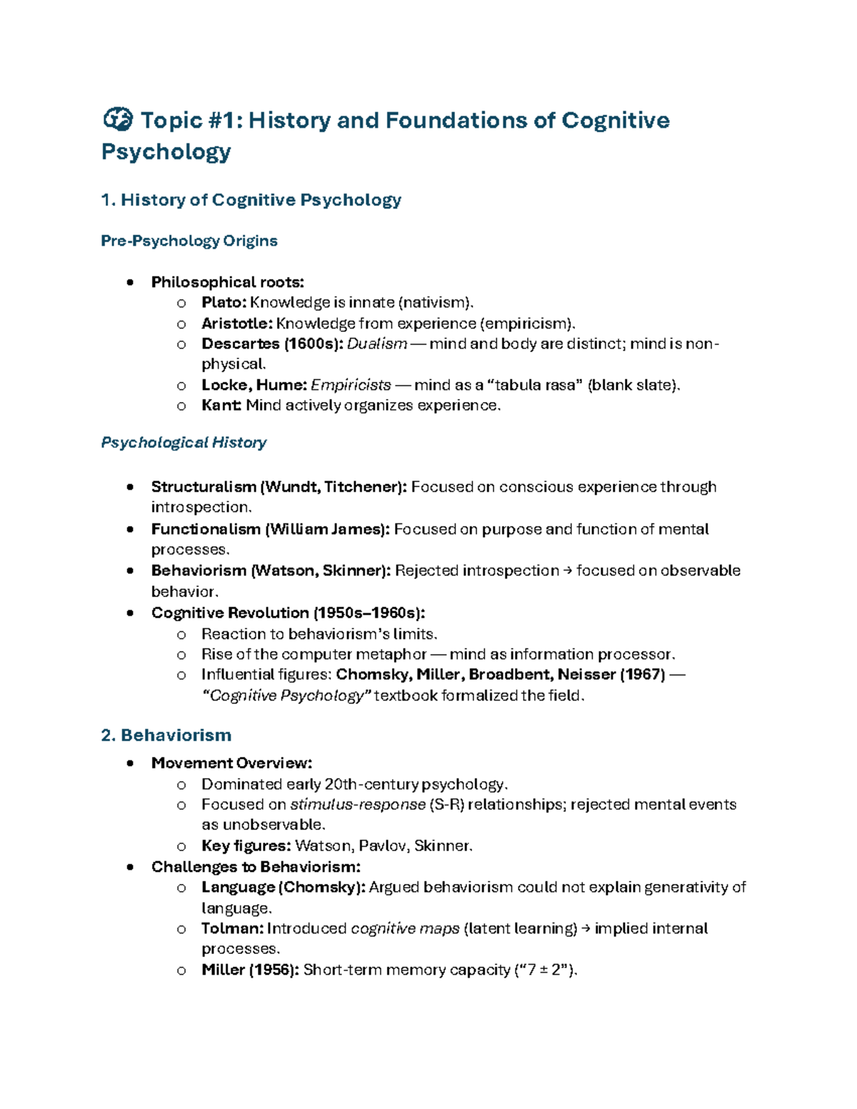 Psych 270 Midterm 1 Review: History & Foundations of Cognitive ...