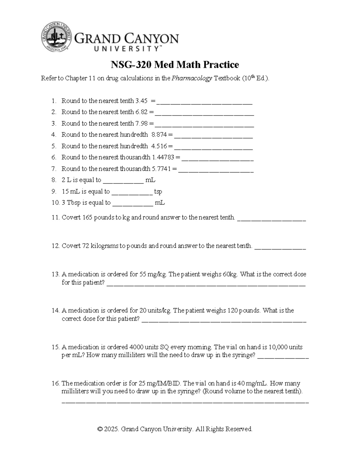 NSG-320 Med Math Practice: Drug Calculations & Rounding Techniques ...