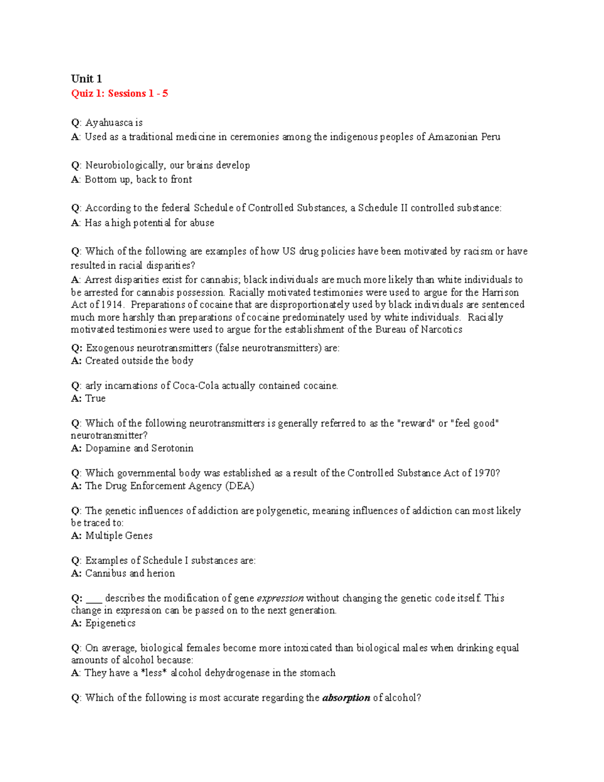 Unit 1 Quiz 1 Review: Key Concepts from Sessions 1-5 - Studocu