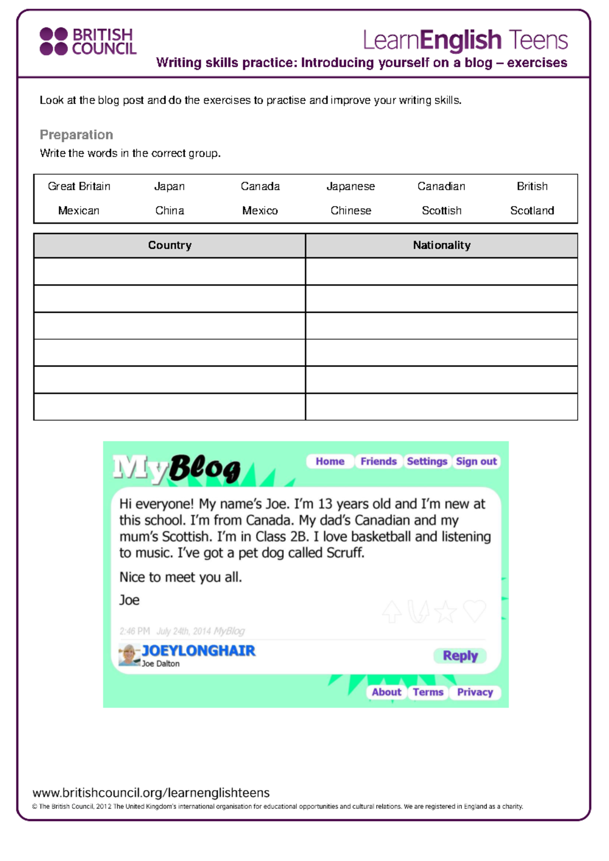 Writing Skills Practice: Introducing Yourself on a Blog Exercises - Studocu