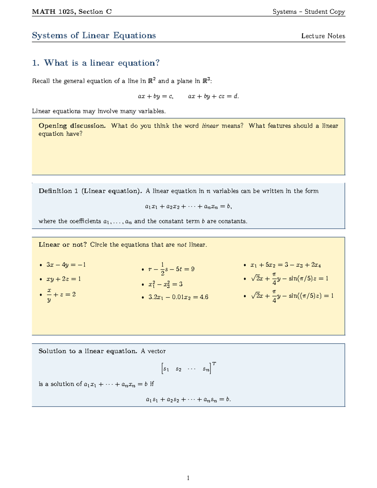 MATH 1025 Systems of Linear Equations Lecture Notes - Studocu