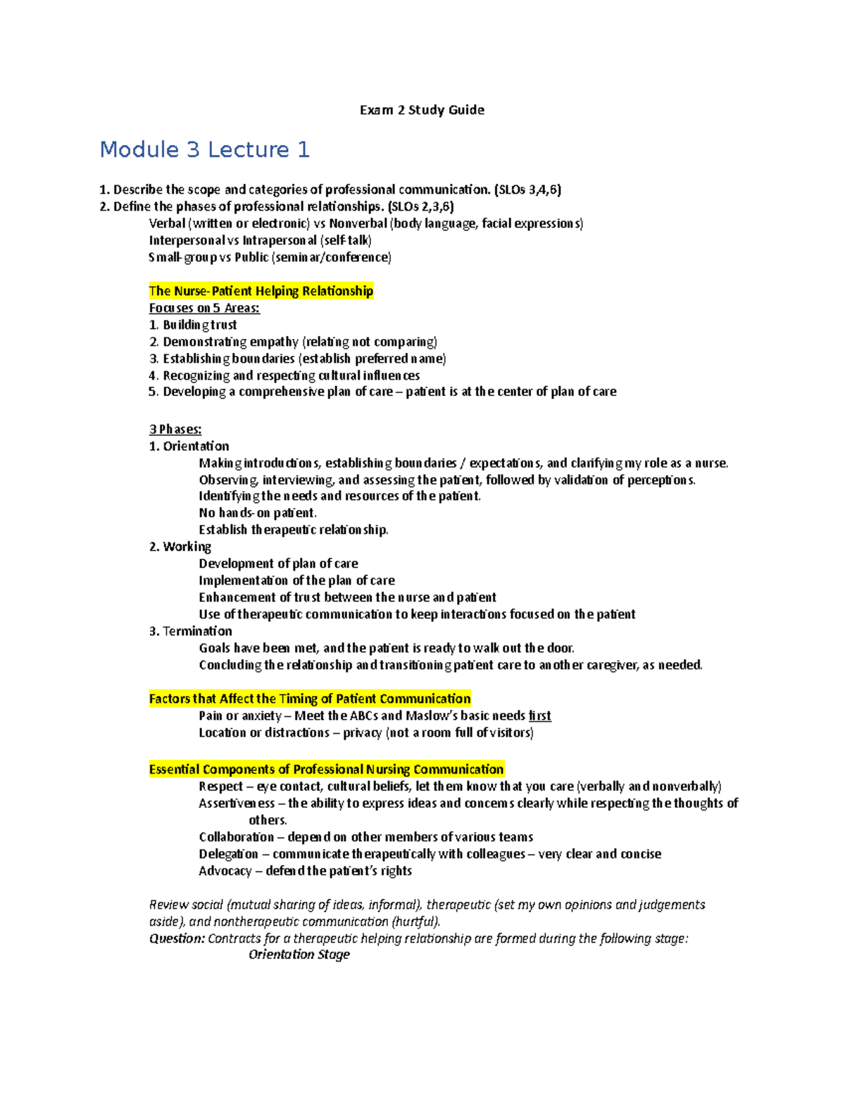 NUR 1020C Exam 2 Study Guide: Key Concepts in Professional Nursing ...